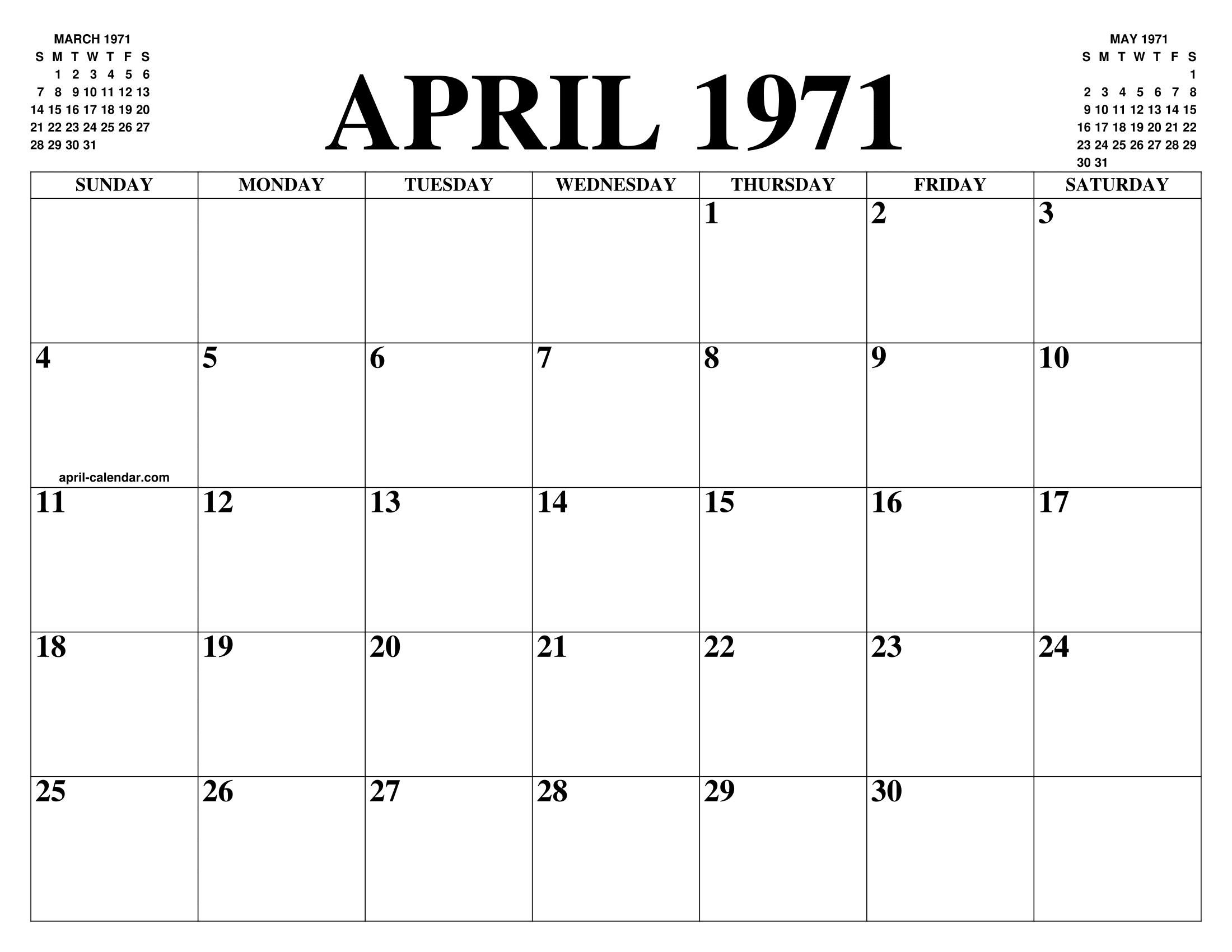 APRIL 1971 CALENDAR OF THE MONTH: FREE PRINTABLE APRIL CALENDAR OF THE YEAR - AGENDA APRIL 1971 CALENDAR OF THE MONTH: FREE PRINTABLE APRIL CALENDAR OF THE YEAR - AGENDA