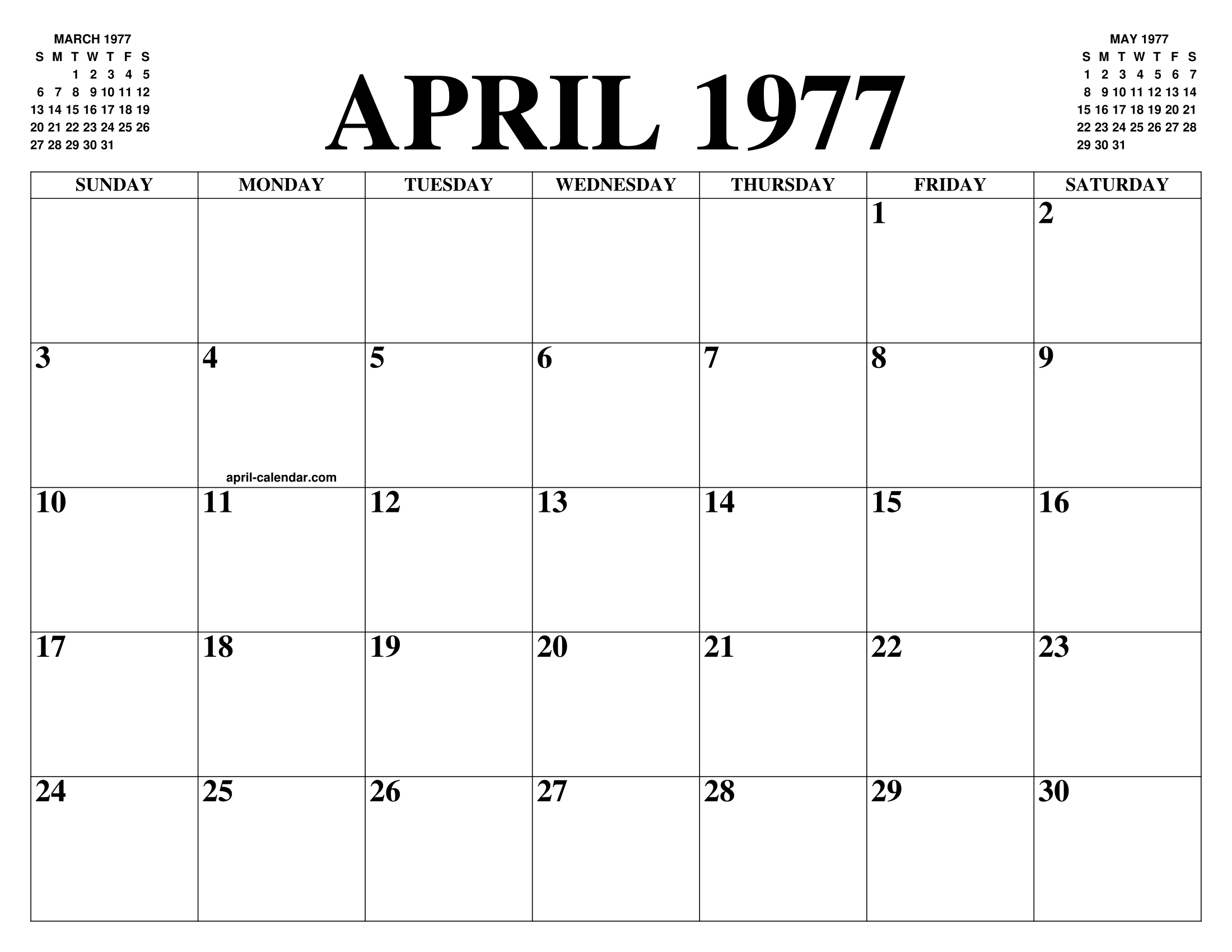 APRIL 1977 CALENDAR OF THE MONTH: FREE PRINTABLE APRIL CALENDAR OF THE