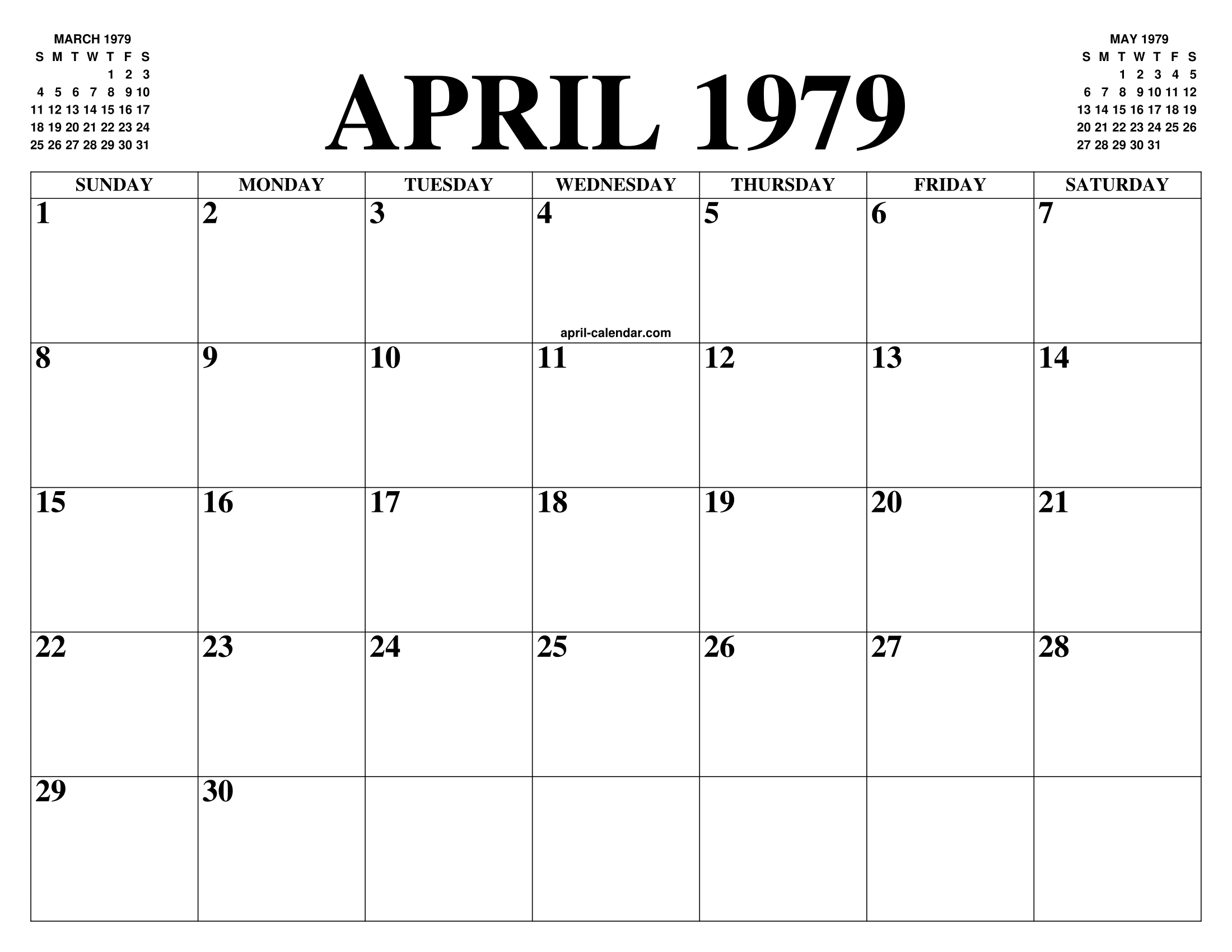 APRIL 1979 CALENDAR OF THE MONTH: FREE PRINTABLE APRIL CALENDAR OF THE YEAR - AGENDA