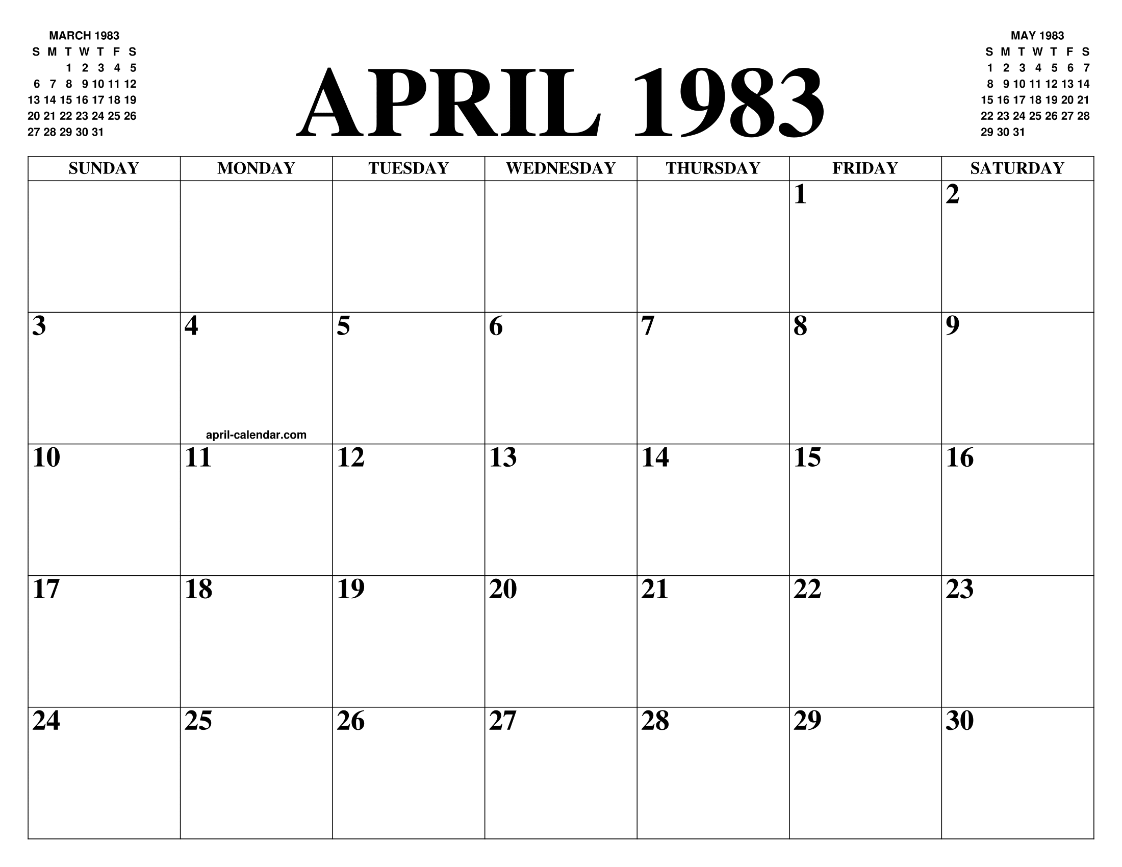 APRIL 1983 CALENDAR OF THE MONTH FREE PRINTABLE APRIL CALENDAR OF THE APRIL 1983 CALENDAR OF THE MONTH FREE PRINTABLE APRIL CALENDAR OF THE