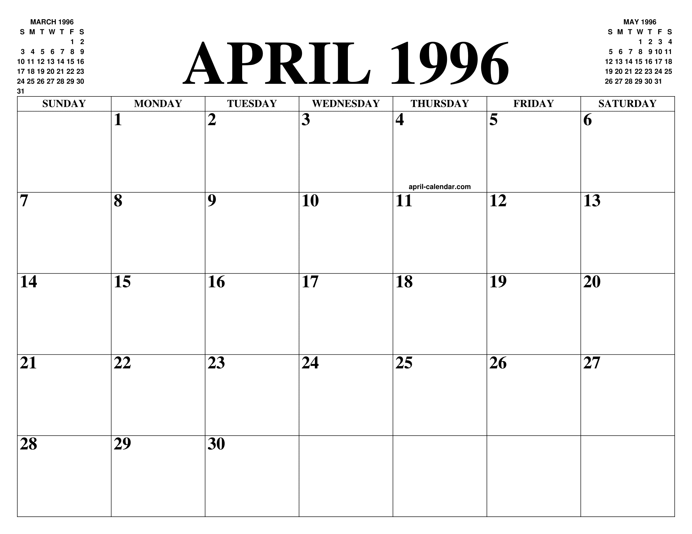 APRIL 1996 CALENDAR OF THE MONTH: FREE PRINTABLE APRIL CALENDAR OF THE YEAR  - AGENDA
