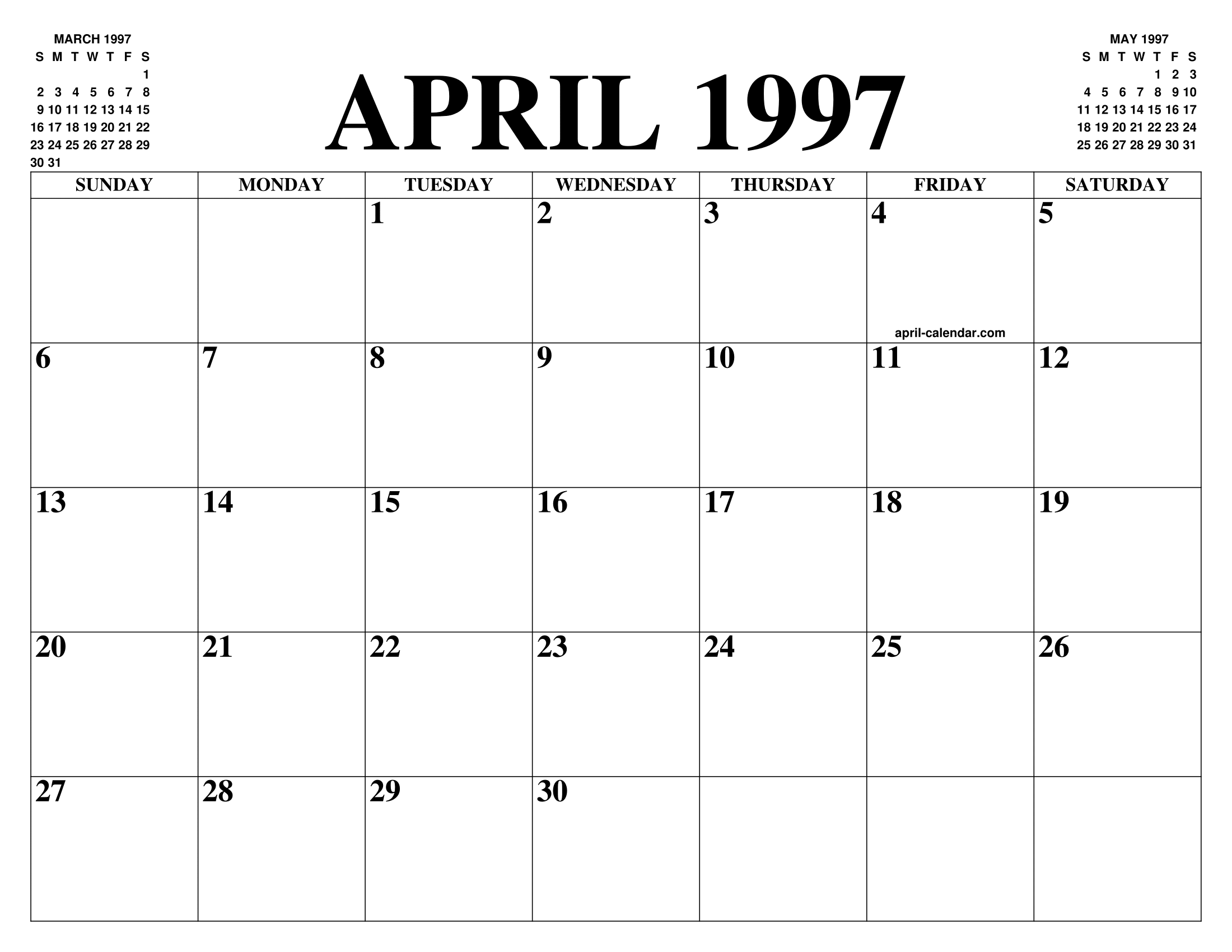 APRIL 1997 CALENDAR OF THE MONTH: FREE PRINTABLE APRIL CALENDAR OF THE YEAR - AGENDA
