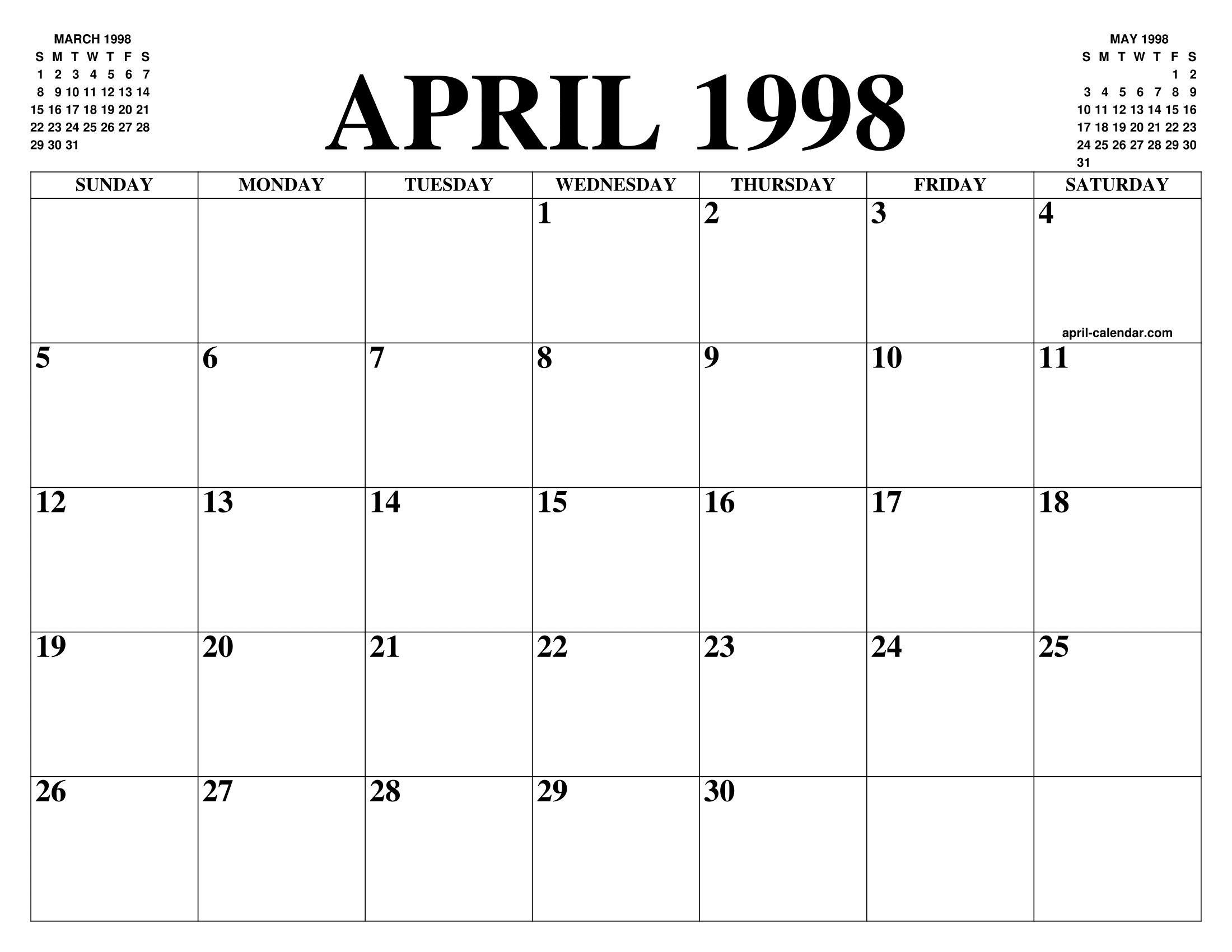 APRIL 1998 CALENDAR OF THE MONTH: FREE PRINTABLE APRIL CALENDAR OF THE YEAR  - AGENDA