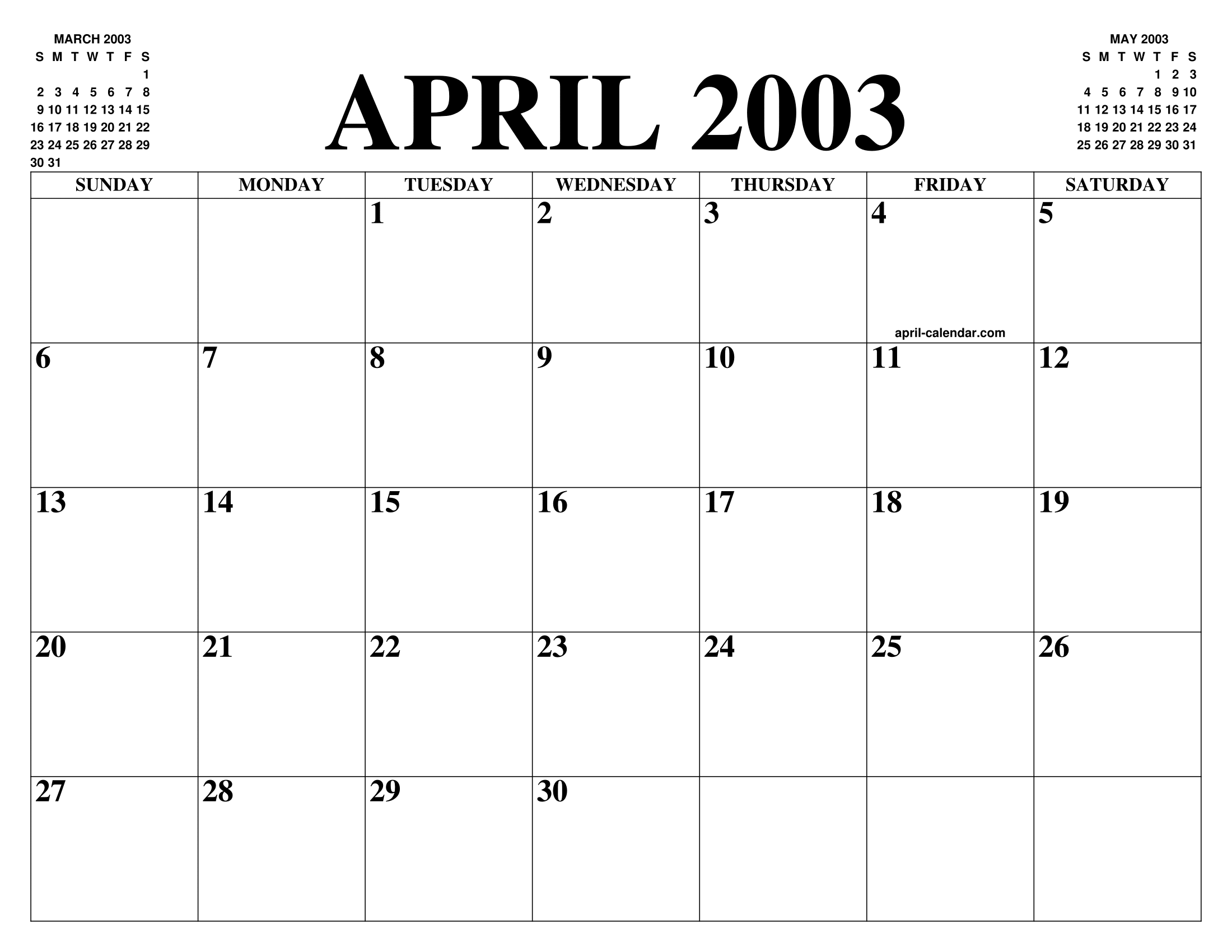 APRIL 2003 CALENDAR OF THE MONTH: FREE PRINTABLE APRIL CALENDAR OF 