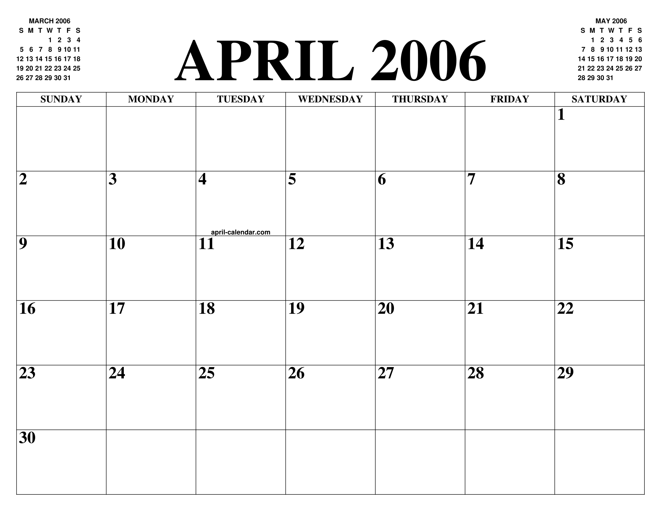 APRIL 2006 CALENDAR OF THE MONTH: FREE PRINTABLE APRIL CALENDAR OF THE YEAR - AGENDA