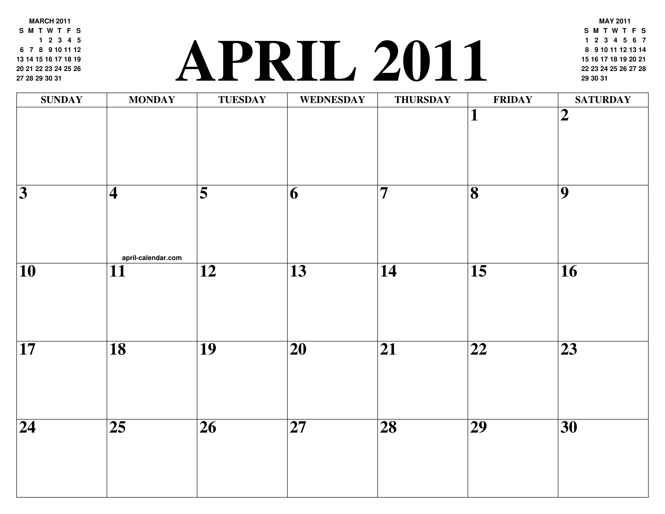 APRIL 2011 CALENDAR OF THE MONTH: FREE PRINTABLE APRIL CALENDAR OF THE YEAR - AGENDA