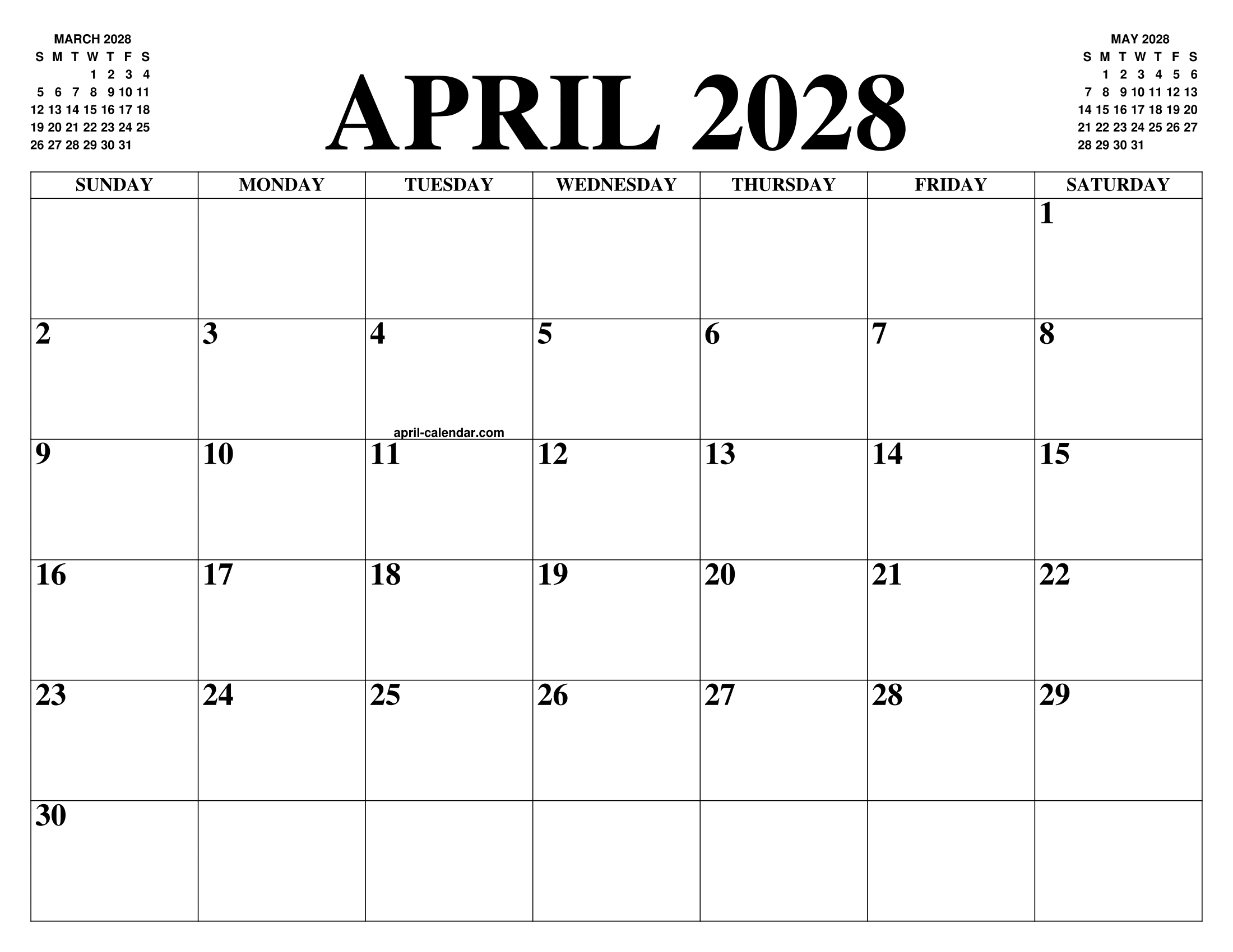 APRIL 2028 CALENDAR OF THE MONTH: FREE PRINTABLE APRIL CALENDAR OF THE YEAR - AGENDA