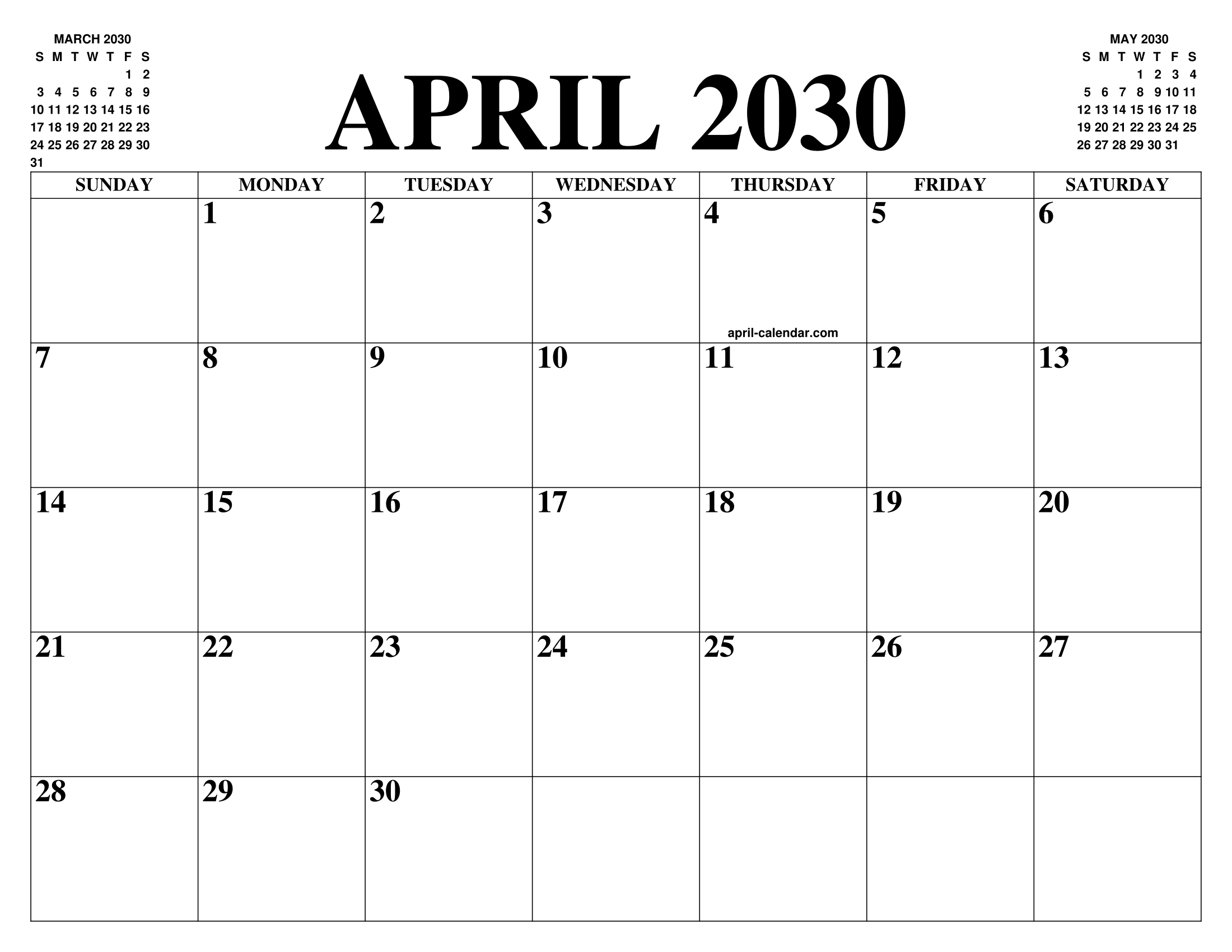 APRIL 2030 CALENDAR OF THE MONTH: FREE PRINTABLE APRIL CALENDAR OF THE YEAR - AGENDA