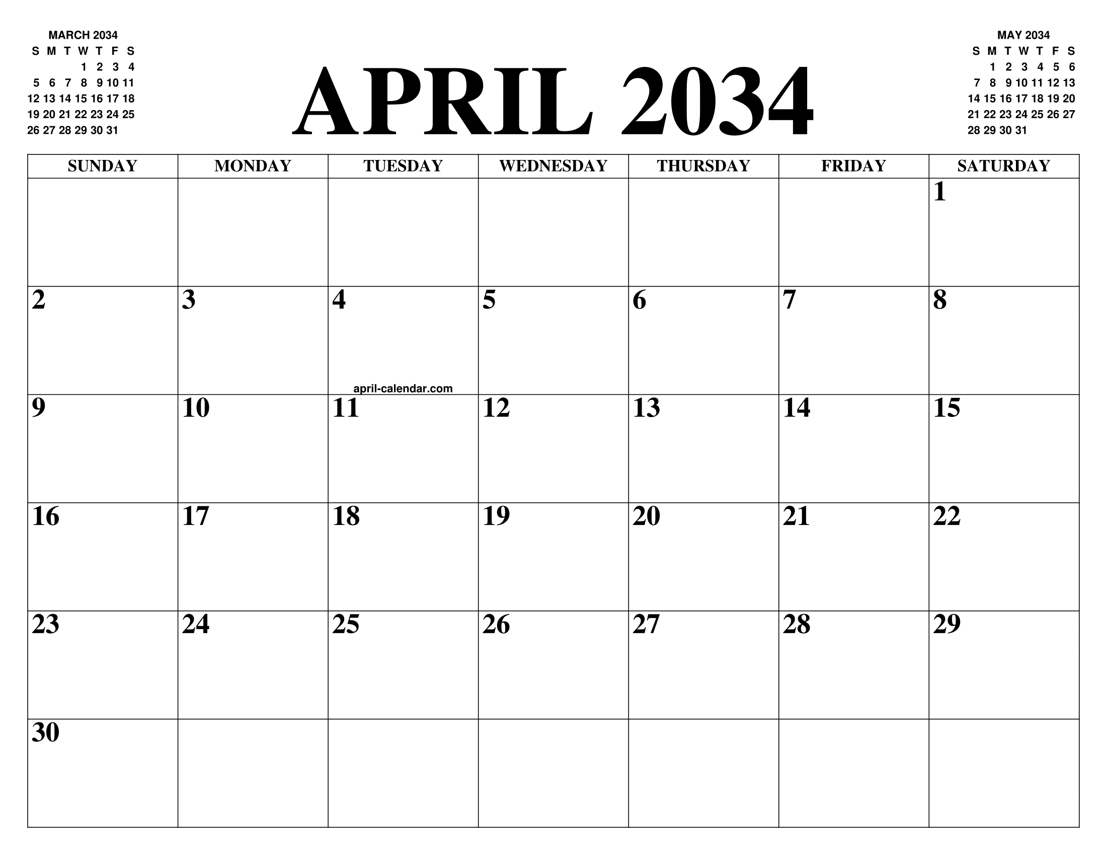 APRIL 2034 CALENDAR OF THE MONTH: FREE PRINTABLE APRIL CALENDAR OF THE YEAR - AGENDA APRIL 2034 CALENDAR OF THE MONTH: FREE PRINTABLE APRIL CALENDAR OF THE YEAR - AGENDA